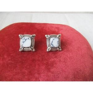 Vintage Sterling Silver Square Stud Earrings with Black and White Marble Stone